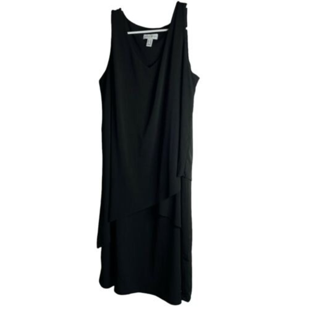 Susan Graver Liquid Knit Sleeveless Tiered Dress Womens MP Petite Black MIDI